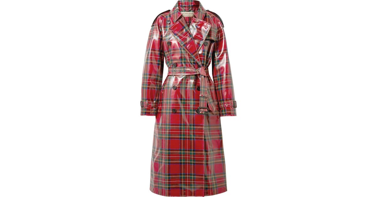 Burberry Coated-tartan Wool Trench Coat in Red | Lyst Canada