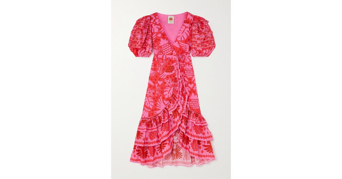 FARM Rio Jungle Scarf Printed Swiss-dot Cotton Midi Wrap Dress in Red ...
