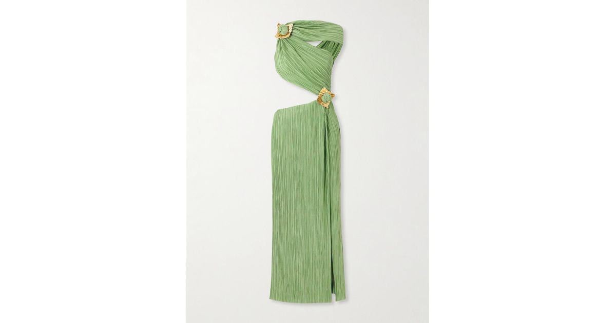 hand embellished asymmetric midi dress in sage Light Green Foil Printed Asymmetric Gown With Ruffled Detail
