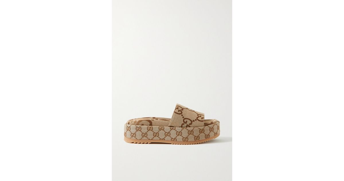 Gucci Angelina Logo-jacquard Coated-canvas Platform Slides in Brown | Lyst