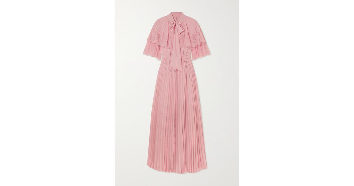 Self-Portrait Lace-trimmed Pleated Chiffon Maxi Dress in Pink | Lyst