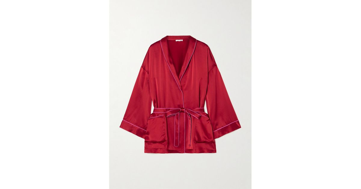Skin Joy Piped Silk-Satin Robe in Red | Lyst