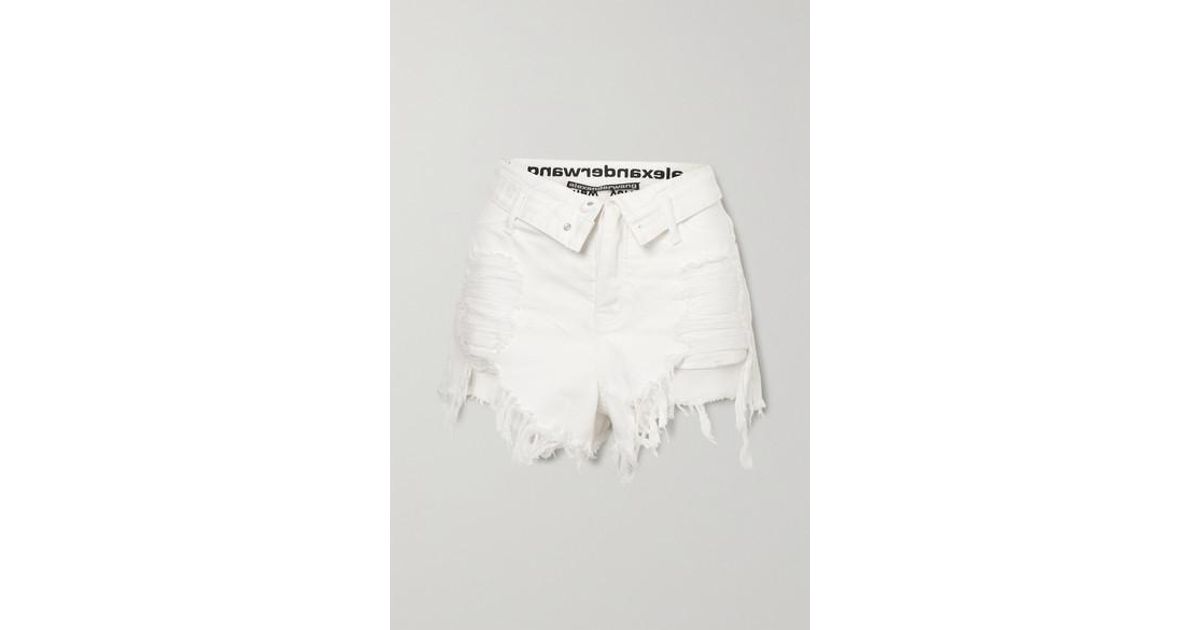 Alexander Wang Bite Flip Fold-over Embroidered Distressed Denim Shorts in  White | Lyst