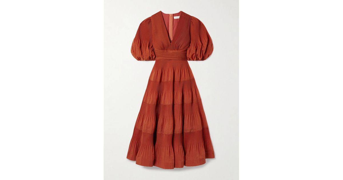 zimmermann tiered pliss taffeta midi dress Zimmermann Tiered pliss-taffeta midi dress for Sale For sale: Zimmerman Tiered midi dress altered to be tznius. Sleeves are lined, and neck has been closed. Brand: Zimmermann Color: PINK Size: Womens 6(38)