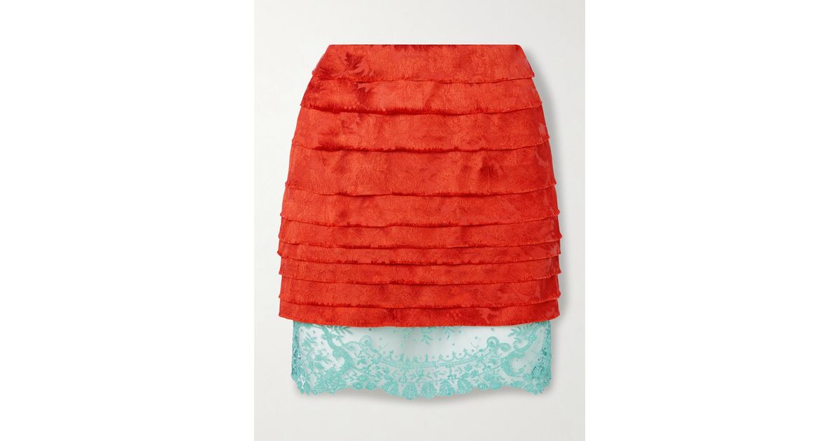 ミニスカート SAINT LAURENT Women Mini Skirts 769270Y3F58 2603 ORANGE SAINT LAURENT Layered cotton and silk-blend lace-trimmed