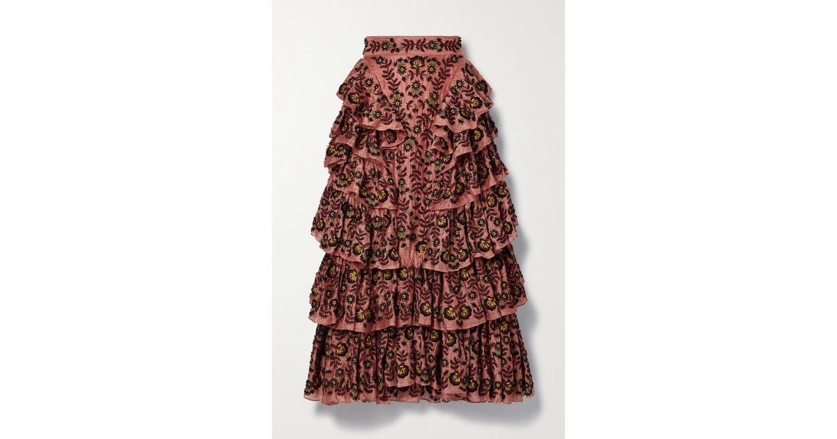 Ulla Johnson Reesha Embellished Tiered Linen And Silkblend Midi Skirt