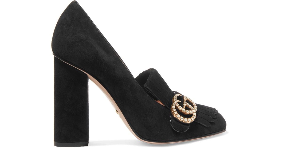 Gucci Marmont Fringed Logo And Faux Pearl-embellished Suede Pumps in ...