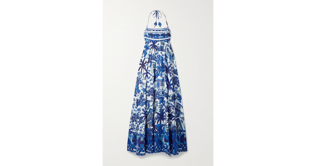 FARM Rio Printed Cotton-voile Halterneck Maxi Dress in Blue | Lyst