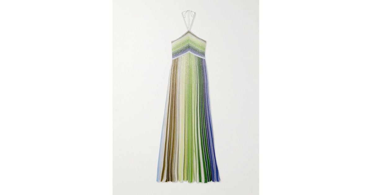 missoni sequin embellished striped crochet knit maxi dress MISSONI Sequin-embellished striped metallic crochet-knit turtleneck maxi dress