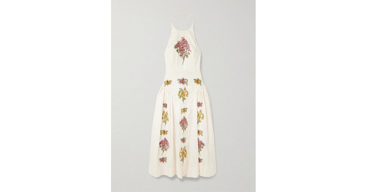 Agua Bendita Balsa Embellished Embroidered Linen Halterneck Midi Dress in White