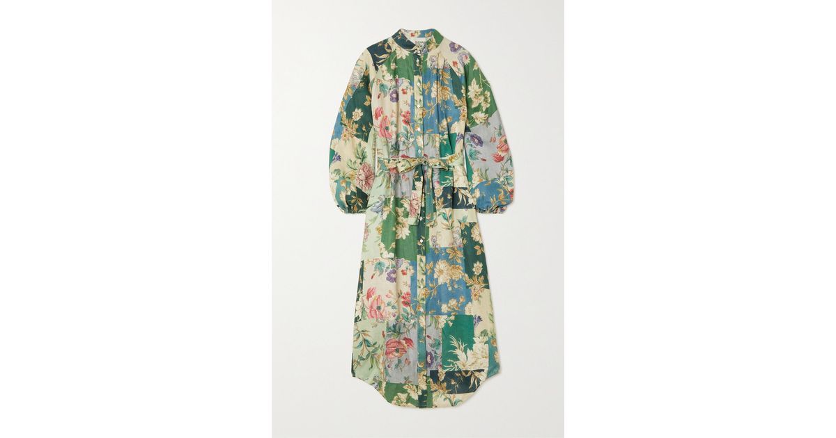 ALÉMAIS Loretta Belted Floral-print Linen Midi Shirt Dress in Green | Lyst