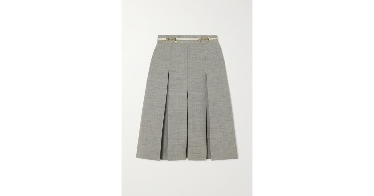 Gucci Horsebitdetailed Leathertrimmed Pleated Wool Skirt in Gray Lyst