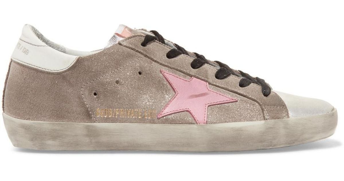 golden goose superstar distressed leather and suede sneakers