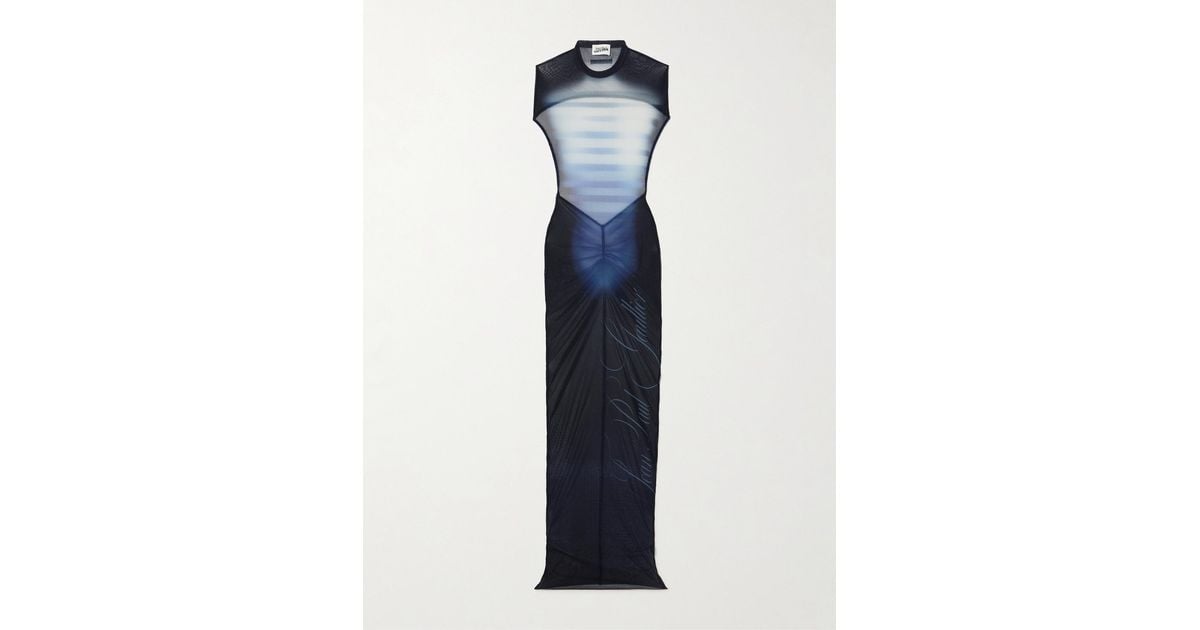 Jean Paul Gaultier Le Mle Gathered Printed Stretch-Mesh Maxi Dress in Blue  | Lyst UK