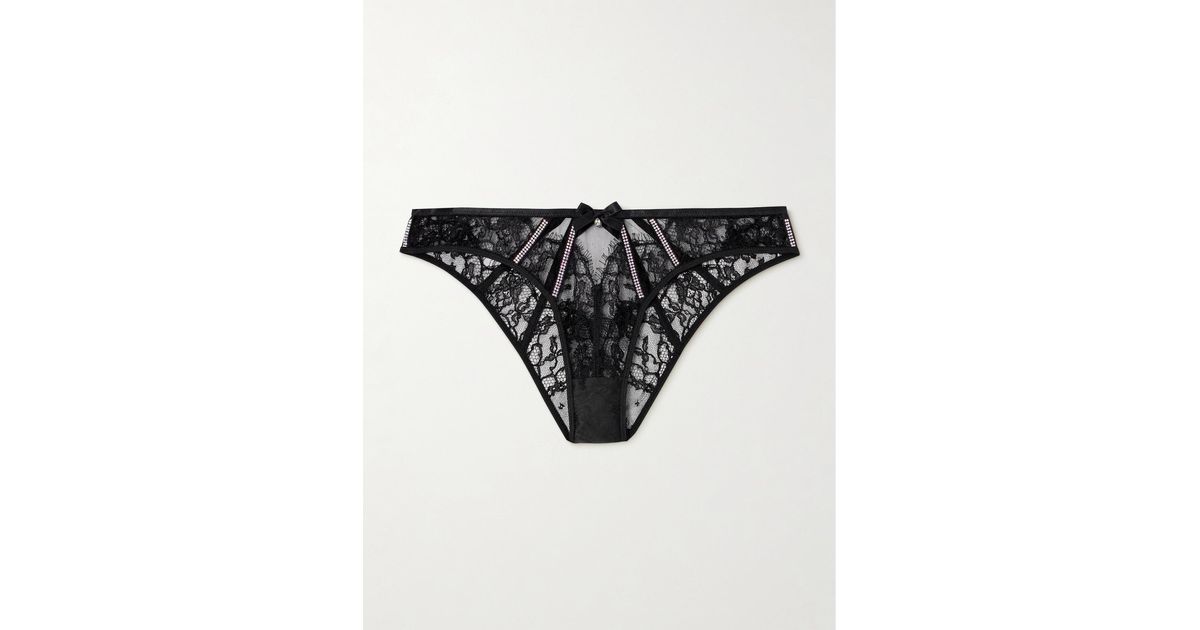 Agent Provocateur Black Caitriona Crystal-embellished Satin-trimmed Cutout  Lace Briefs