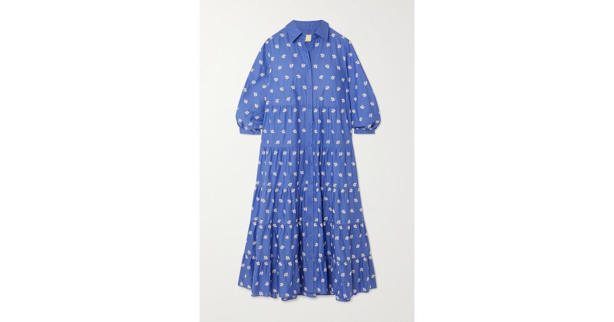 Erdem Patmos Embroidered Tiered Cotton-blend Midi Shirt Dress in Blue | Lyst