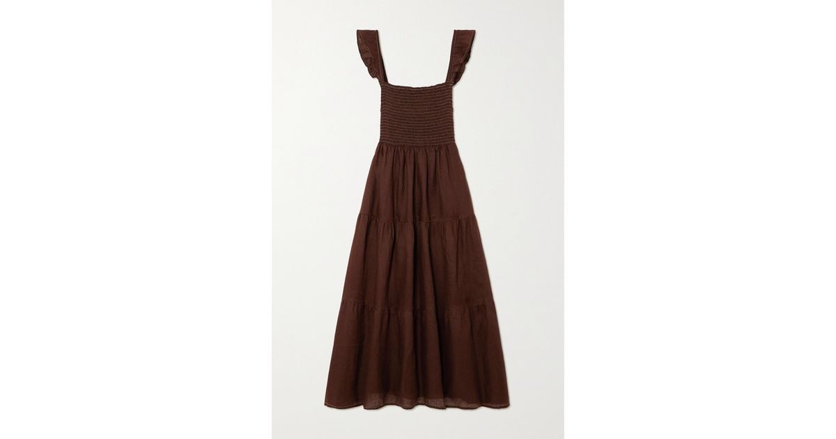 Faithfull The Brand + Net Sustain Benito Smocked Tiered Linen Midi Dress in  Brown