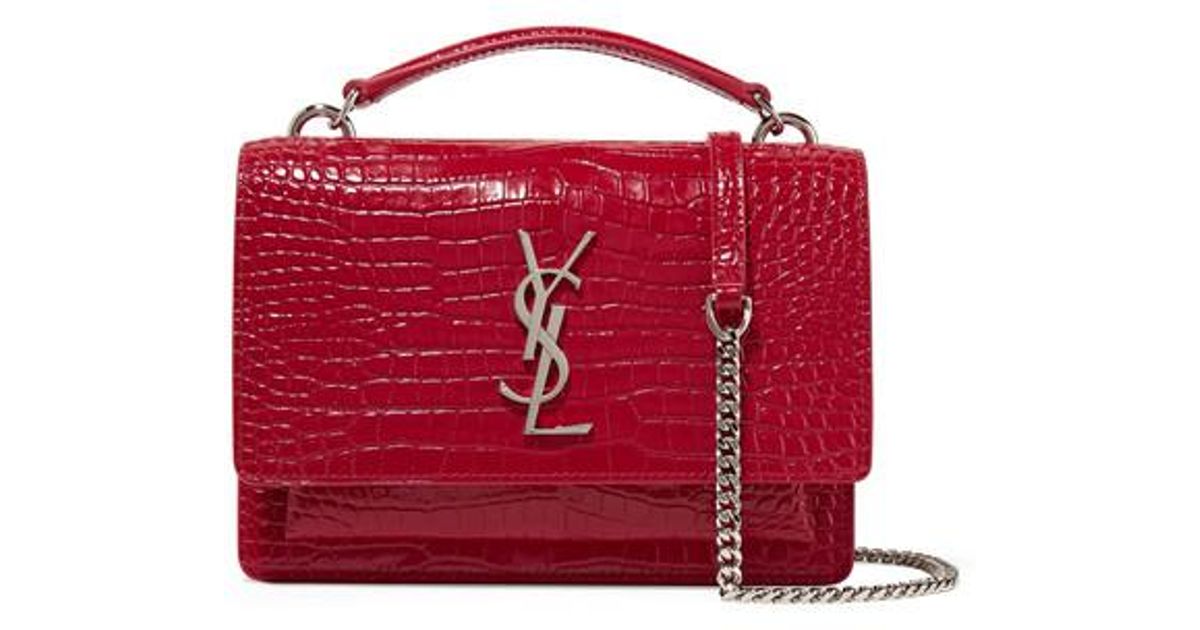 Saint Laurent Sunset Small Croc-effect Patent-leather Shoulder Bag in Red