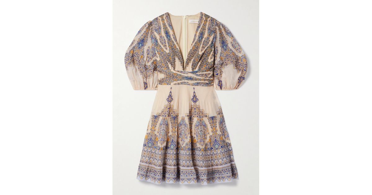 Zimmermann Printed Plissé-Organza Mini Dress in Natural | Lyst