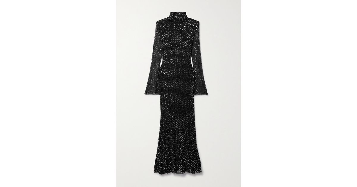 Black crystal embellished mesh maxi dress