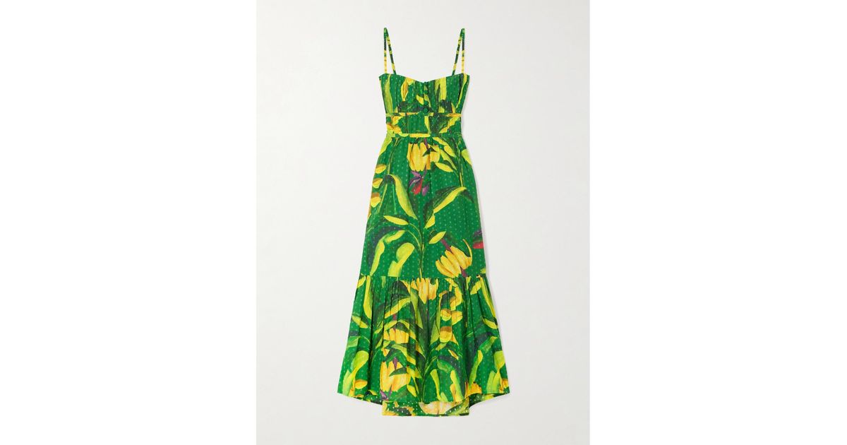FARM Rio Banana Aquarela Pleated Printed Swiss-Dot Linen Midi Dress in Green  | Lyst