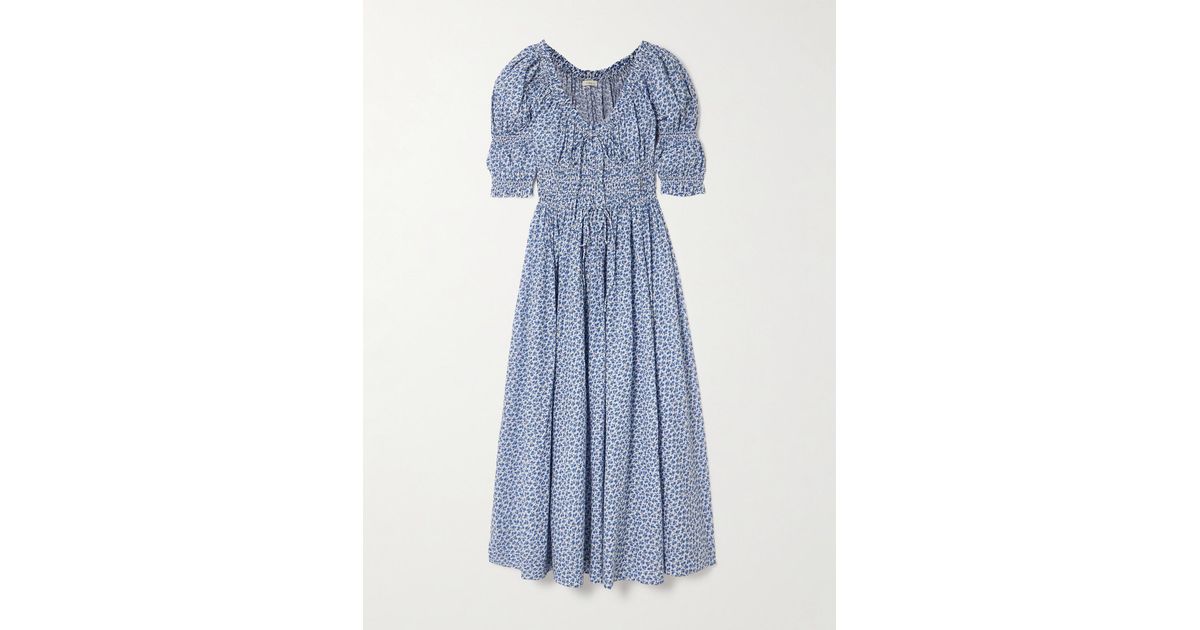 Doen Ischia Shirred Floral-Print Organic Cotton-Voile Midi Dress in Blue | Lyst Doen Ischia Shirred Floral-Print Organic Cotton-Voile Midi Dress in Blue | Lyst
