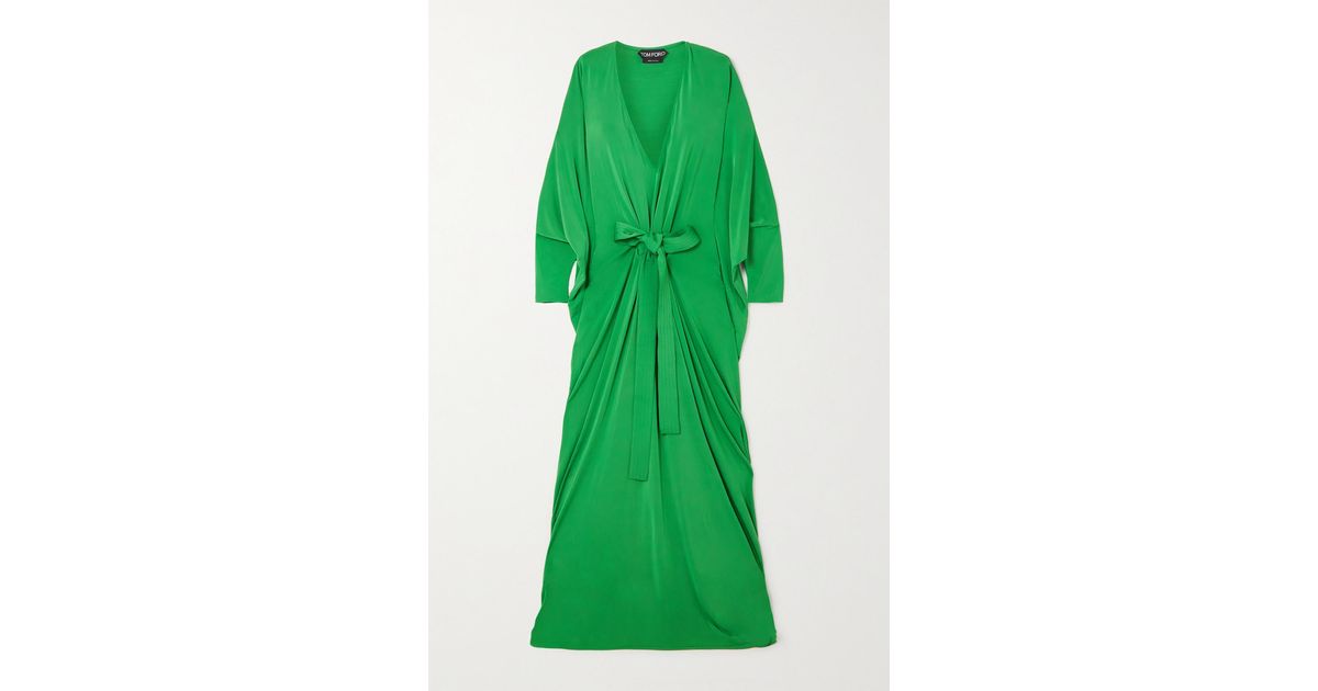 Tom Ford Belted Velvet-trimmed Silk-jersey Gown in Green | Lyst