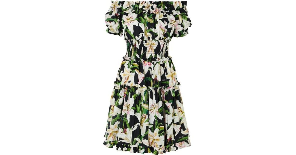 dolce & gabbana off-the-shoulder lily print dress Dolce & Gabbana Elegant Pink Lily Print Sheath Dress