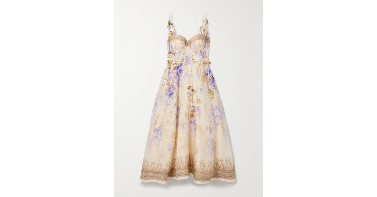 Zimmermann Dawning Belted Floral-Print Linen And Silk-Blend Midi Dress in  Natural | Lyst
