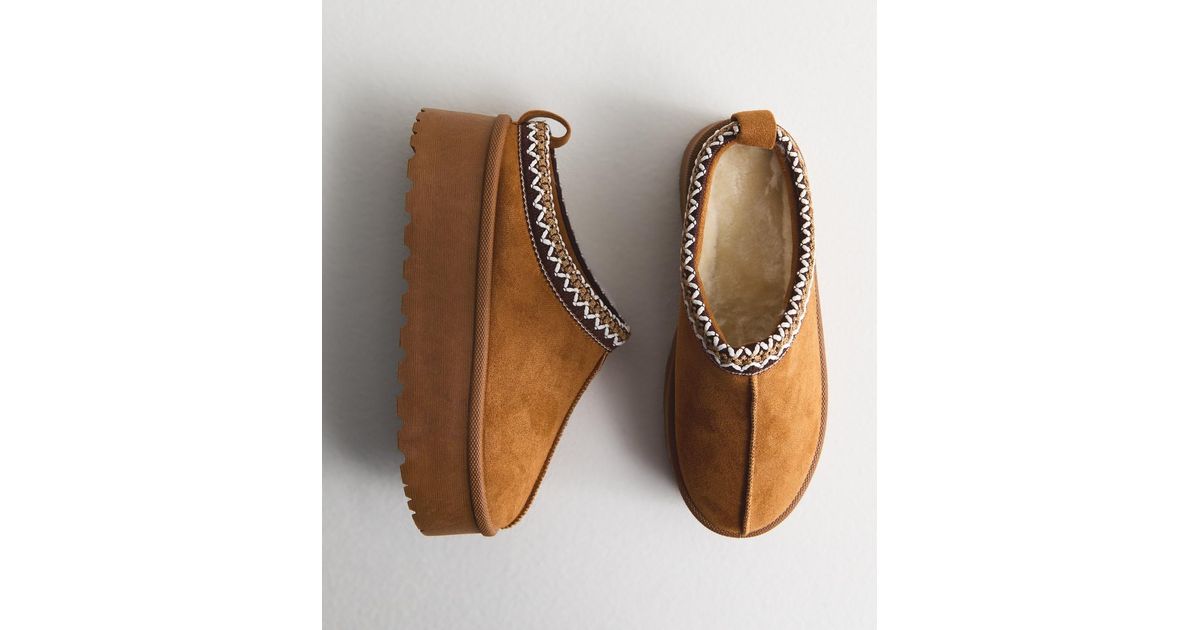 New Look Truffle Woven Trim Slipper Boots in Brown Lyst UK