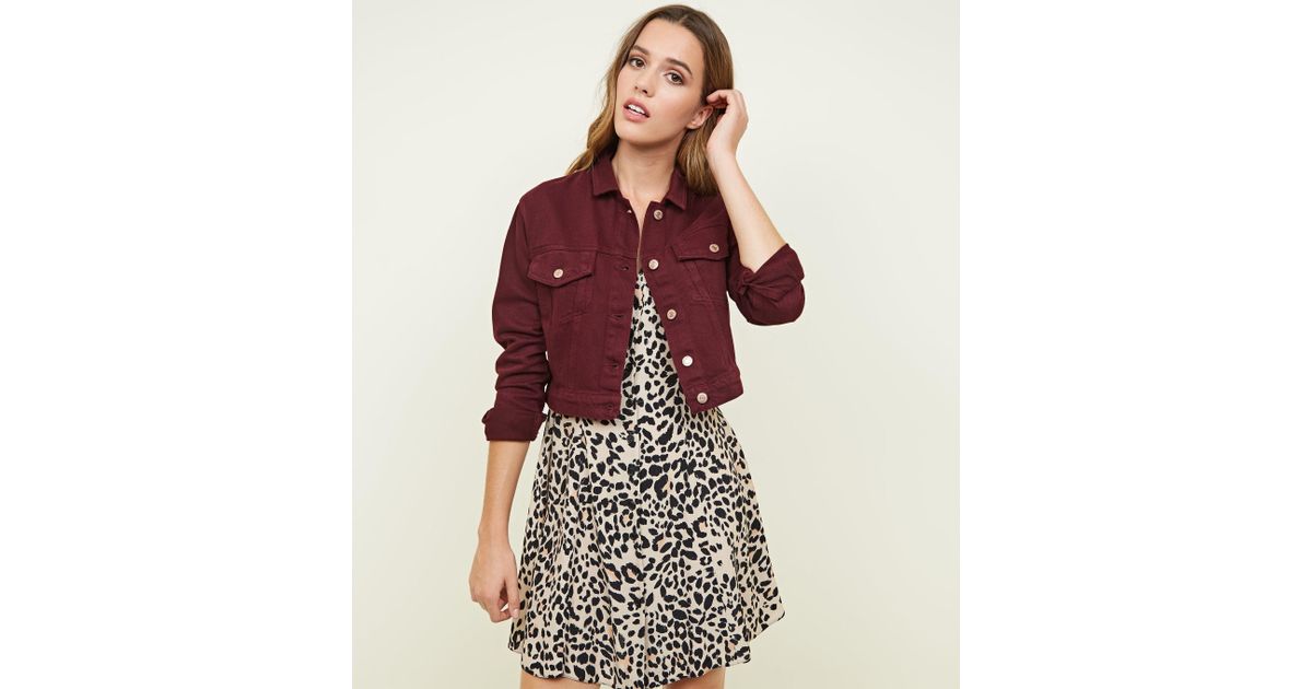 New Look Burgundy Cropped Denim Jacket 