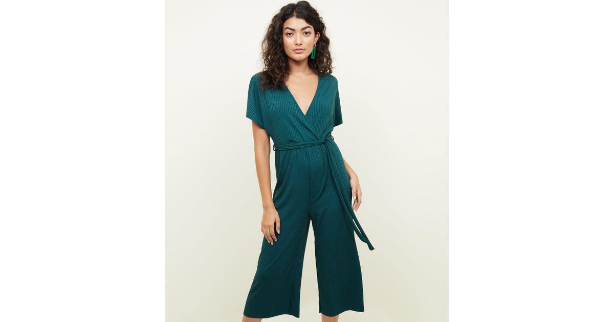 ribbed wrap front culotte jumpsuit