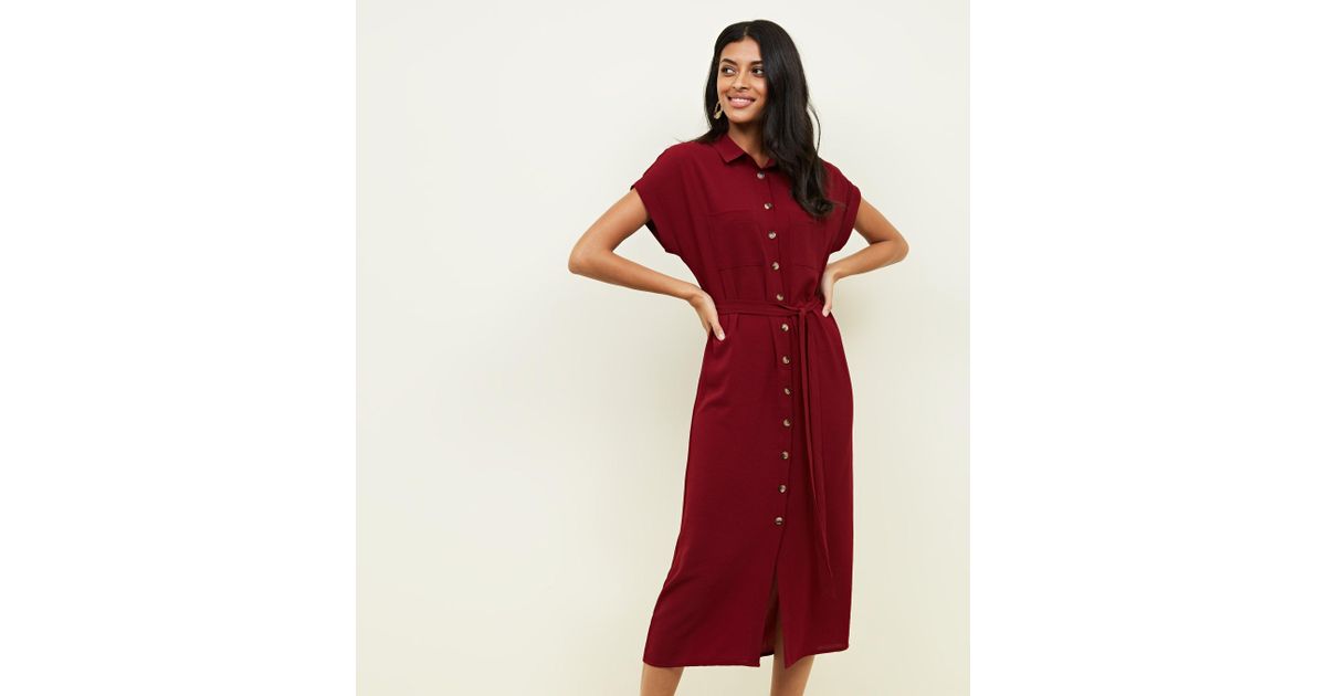 Synthetic Burgundy Midi Shirt Dress 
