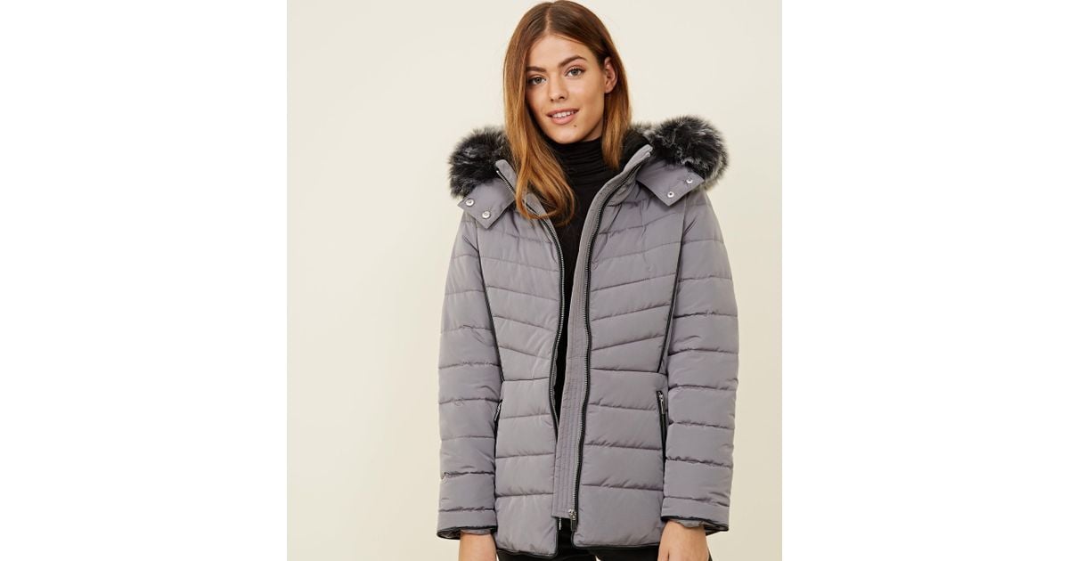 Pale grey faux fur trim hooded puffer jacket Clearance