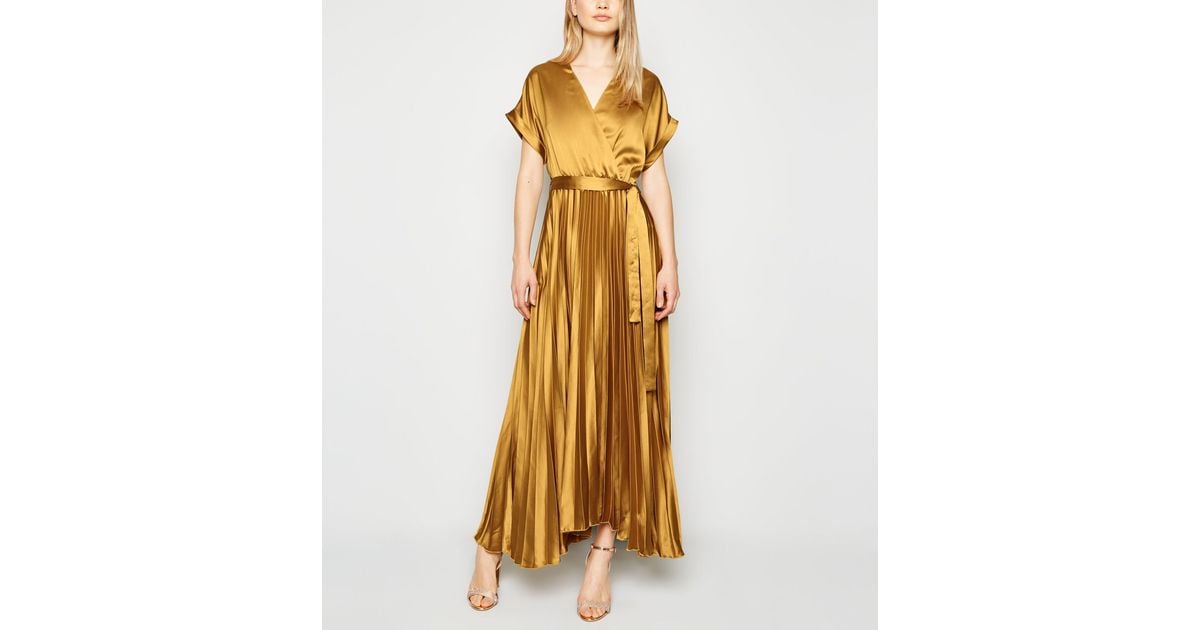 mustard satin pleated midi dress