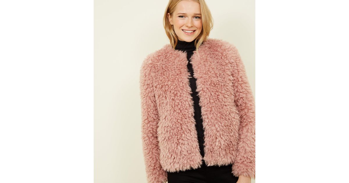 new look faux fur pink coat