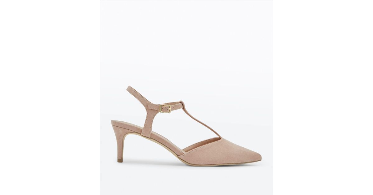 Lyst New Look Suedette T Bar Pointed Kitten Heels In Natural