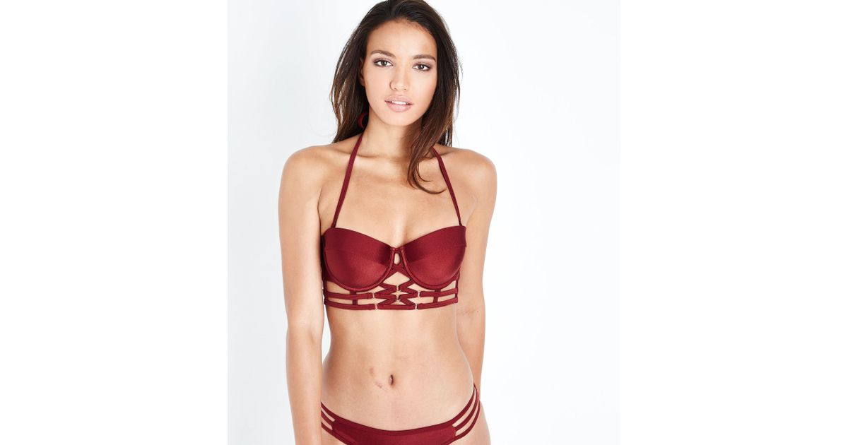 New Look Synthetic Dark Red Strappy Cage Bikini Top - Lyst