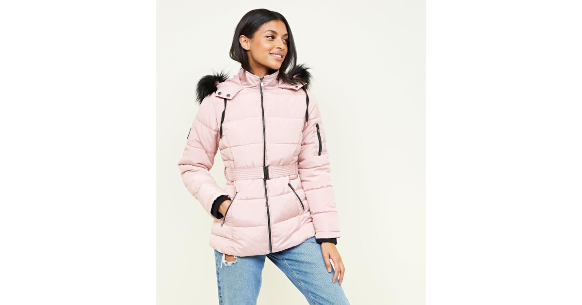 New Look Pale Pink Faux Fur Hood Belted Puffer Jacket - Lyst