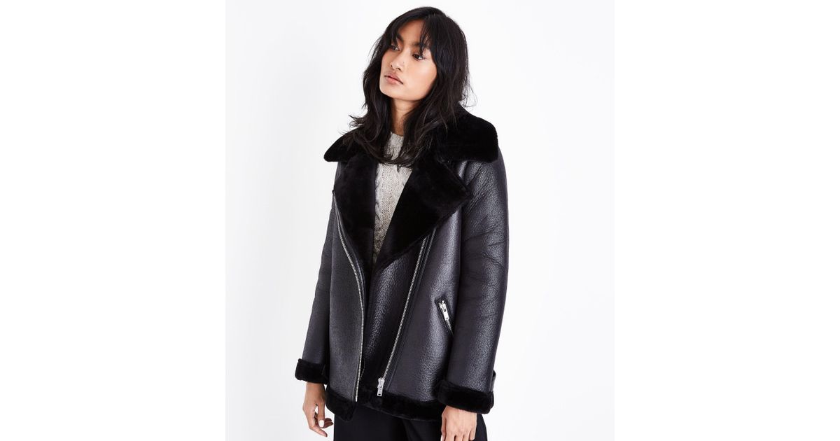 New Look Black Faux Fur Lined Aviator Jacket In Lyst
