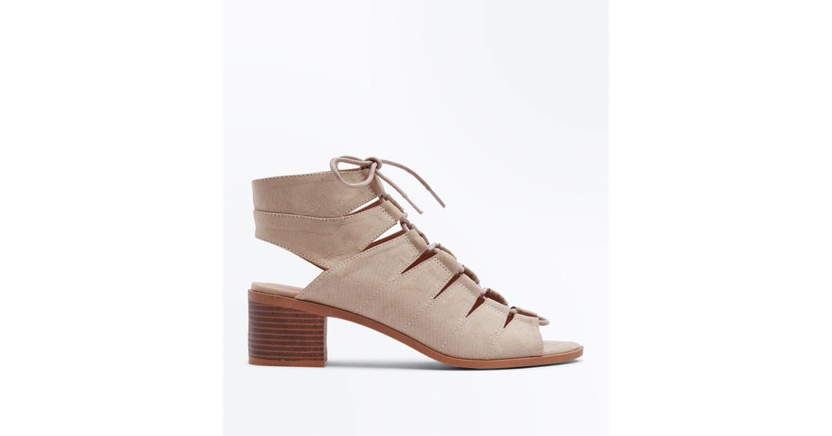 black suedette low block heel ghillie sandals