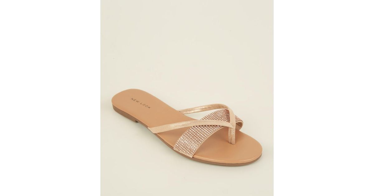 rose gold diamante flip flops