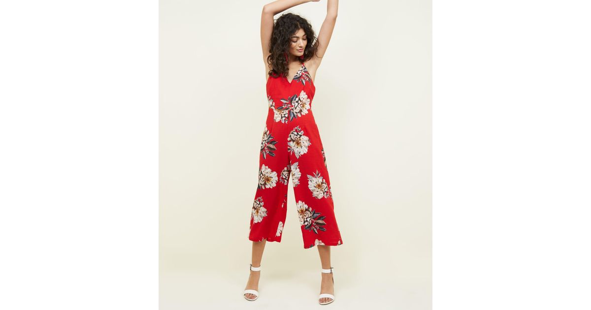 red floral culotte jumpsuit