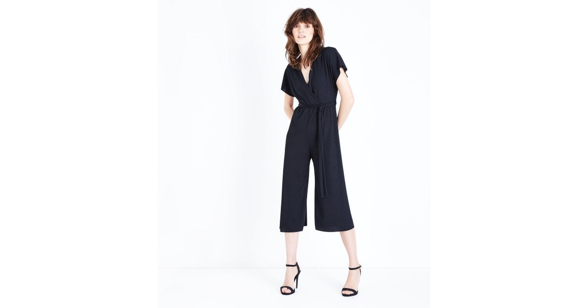 ribbed wrap front culotte jumpsuit