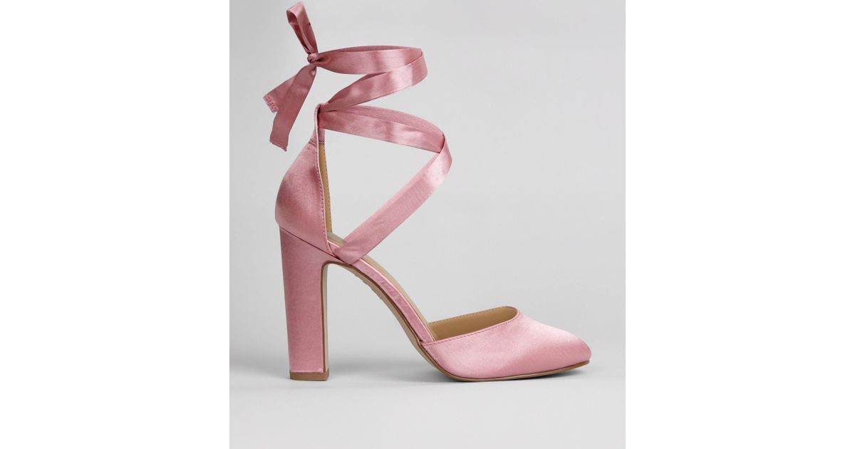 pink satin lace up heels