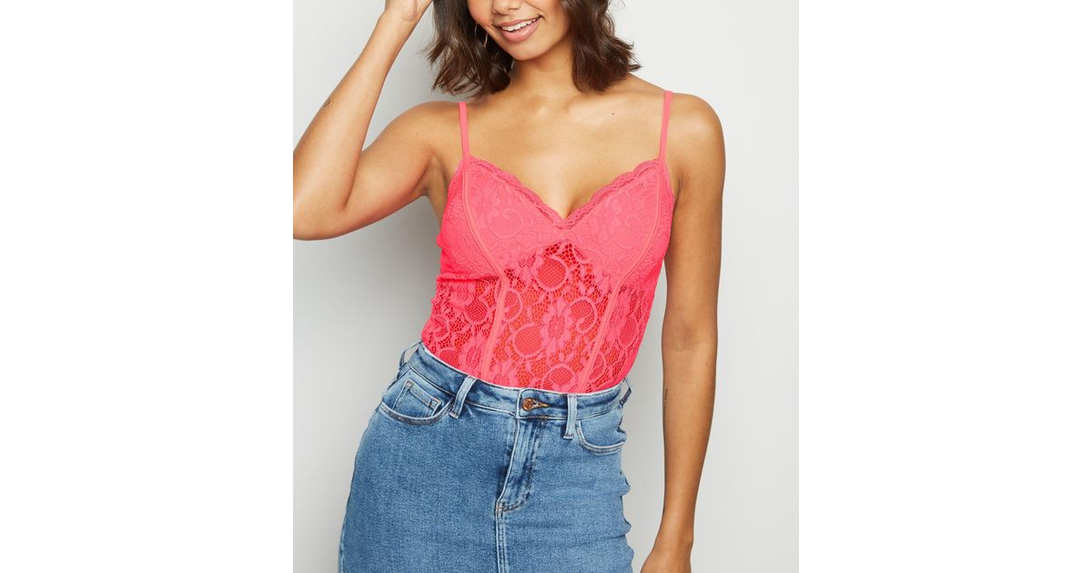 bright pink lace bodysuit