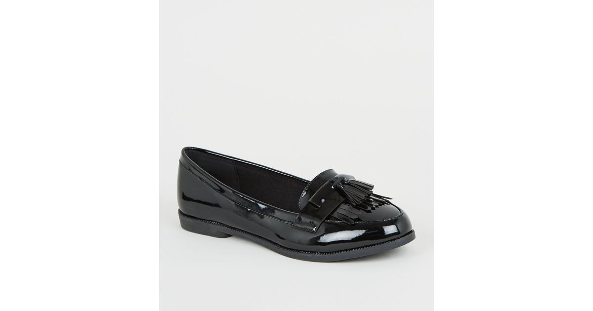 black patent tassel fringe trim loafers