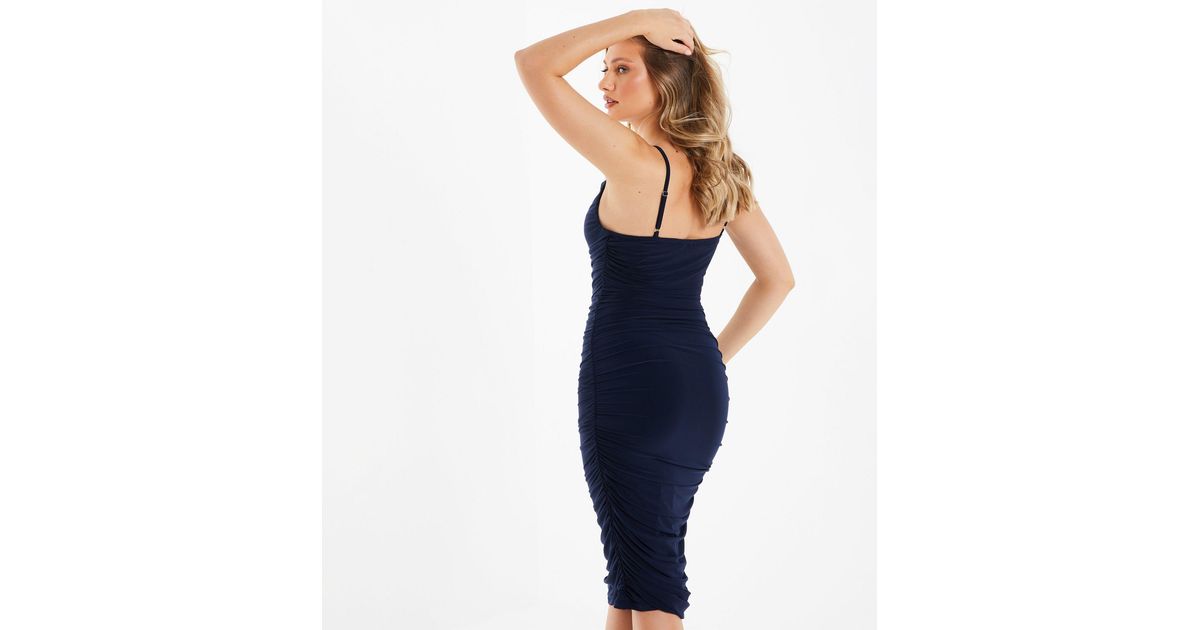 Quiz Synthetic Ruched Bodycon Midi Dress New Look in Navy (Blue) | Lyst UK
