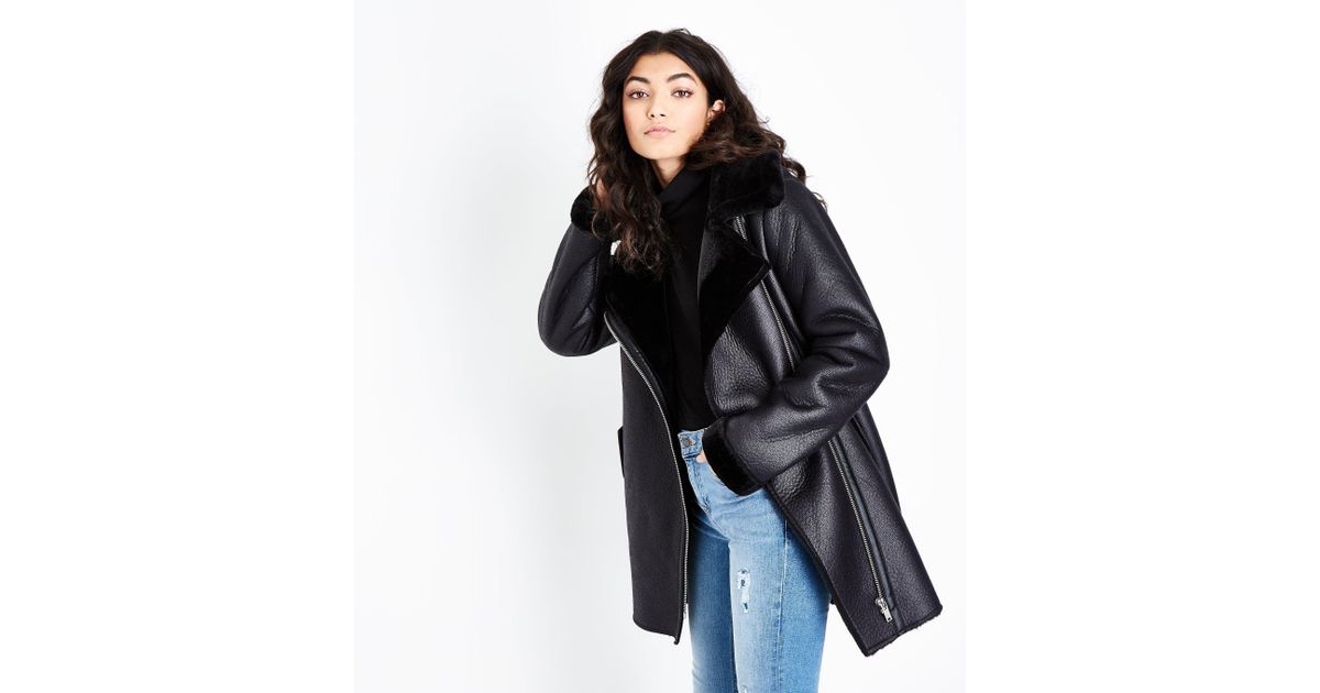 New Look Black Faux Fur Lined Longline Aviator Jacket