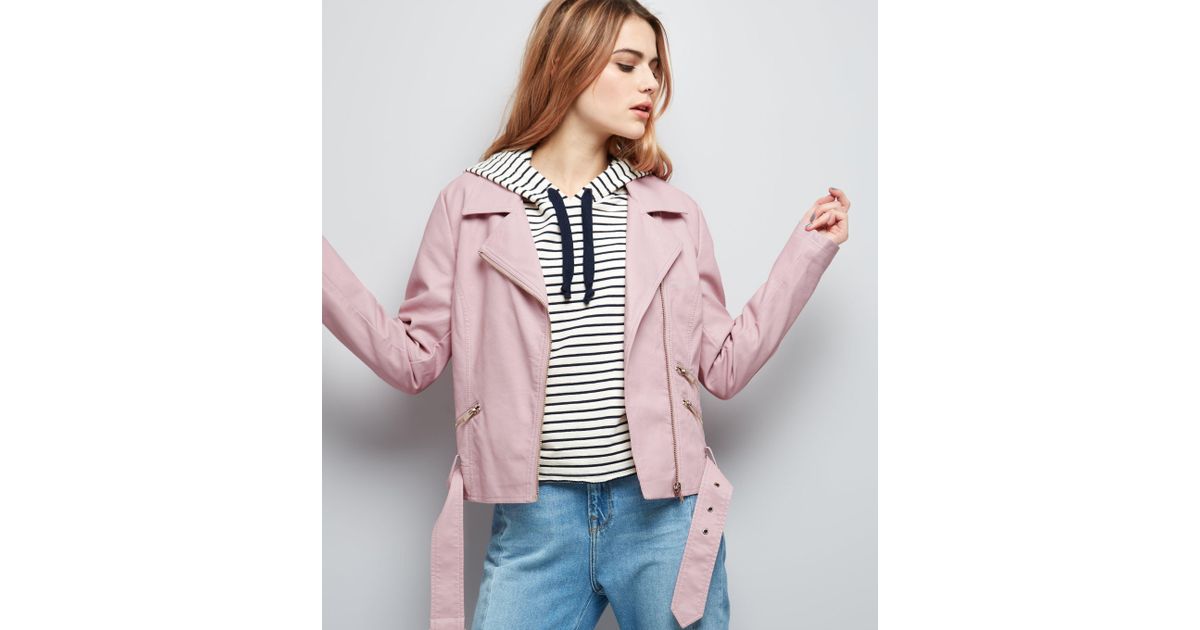 New Look Pink Leather Biker Jacket In Lyst